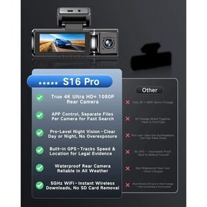 DOOCK S16 Pro 3 Channel Dash Cam 4K 1080P Front Cabin Rear WiFi GPS 64GB Card